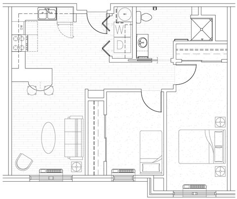 Floor plan for 2 beds, 1 bath, 867 sqft